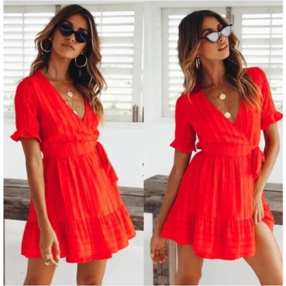 Hello Molly Wrap Dress 6 Red Mini Ruffle Flirty Glam Feminine Romantic Party Fun - Picture 1 of 13